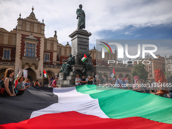 People attend solidarity with Palestine demonstration at the Main Square in Krakow, Poland on June 20th, 2024. (