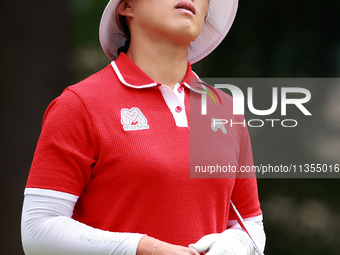 Amy Yang of Republic of Korea reacts after putting on the 3rd green during the final round of the KPMG Women's PGA Championship at Sahalee C...