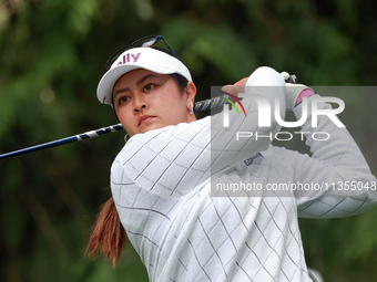 Lilia Vu of California hits from the 4th tee during the final round of the KPMG Women's PGA Championship at Sahalee Country Club on Sunday,...