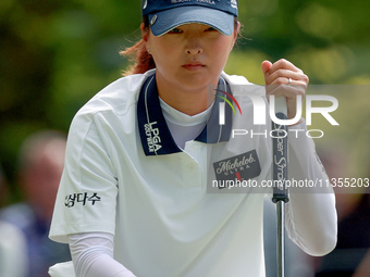 Jin Young Ko of Republic of Korea lines up her putt on the 3rd green during the final round of the KPMG Women's PGA Championship at Sahalee...