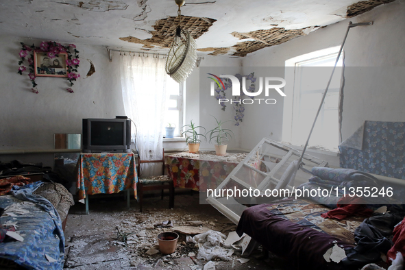 A living room is being damaged by a Russian missile attack in Vasylkiv, Ukraine, on June 23, 2024. On Sunday morning, June 23, anti-aircraft...