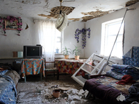 A living room is being damaged by a Russian missile attack in Vasylkiv, Ukraine, on June 23, 2024. On Sunday morning, June 23, anti-aircraft...