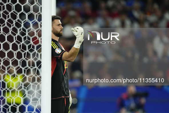 Unai Simon goalkeeper Athletic Club Bilbao gives instructions during the UEFA EURO 2024 group stage match between Spain and Italy at Arena A...