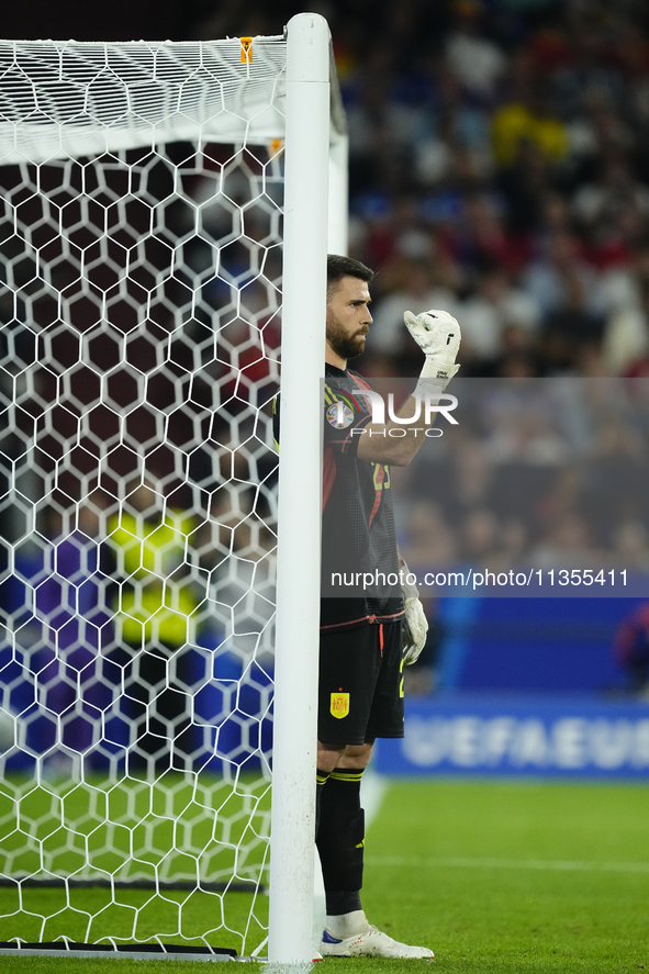 Unai Simon goalkeeper Athletic Club Bilbao gives instructions during the UEFA EURO 2024 group stage match between Spain and Italy at Arena A...