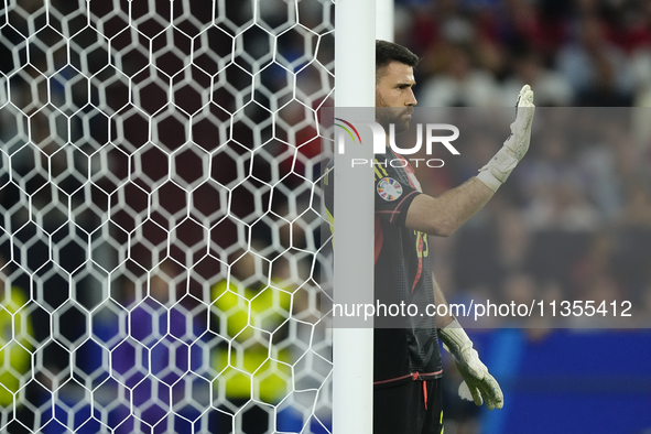 Unai Simon goalkeeper Athletic Club Bilbao gives instructions during the UEFA EURO 2024 group stage match between Spain and Italy at Arena A...