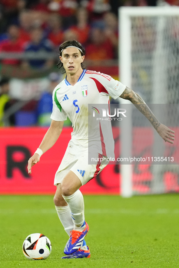 Riccardo Calafiori centre-back of Italy and Bologna FC 1909 during the UEFA EURO 2024 group stage match between Spain and Italy at Arena Auf...