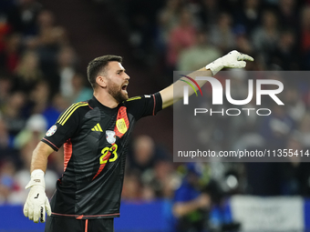 Unai Simon goalkeeper Athletic Club Bilbao gives instructions during the UEFA EURO 2024 group stage match between Spain and Italy at Arena A...