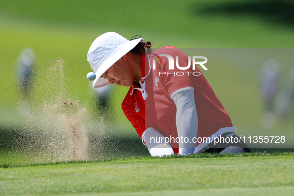 Amy Yang of Republic of Korea hits out of the bunker on the 6th green during Day Four of the KPMG Women's PGA Championship at Sahalee Countr...