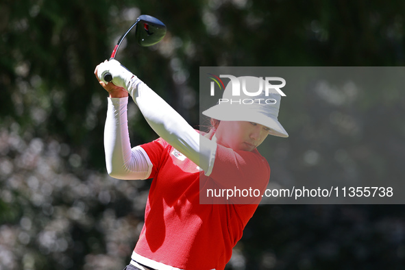 Amy Yang of Republic of Korea tees off on the 7th hole during Day Four of the KPMG Women's PGA Championship at Sahalee Country Club in Samma...