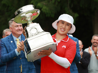 Amy Yang of Republic of Korea holds up the trophy after winning the KPMG Women's PGA Championship at Sahalee Country Club in Sammamish, Wash...