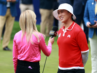 Amy Yang of Republic of Korea is interviewed during the awards ceremony after winning the KPMG Women's PGA Championship at Sahalee Country C...