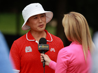 Amy Yang of Republic of Korea is interviewed during the awards ceremony after winning the KPMG Women's PGA Championship at Sahalee Country C...