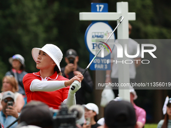 Amy Yang of Republic of Korea tees off on the 17th holed during Day Four of the KPMG Women's PGA Championship at Sahalee Country Club in Sam...