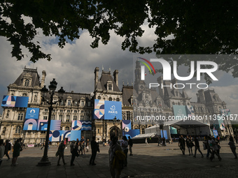 PARIS, FRANCE - JUNE 22: 
General view of Paris City Hall decorated with colorful boards featuring the Paris 2024 Olympics theme, on June 22...