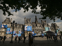 PARIS, FRANCE - JUNE 22: 
General view of Paris City Hall decorated with colorful boards featuring the Paris 2024 Olympics theme, on June 22...