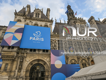 PARIS, FRANCE - JUNE 22: 
General view of Paris City Hall decorated with colorful boards featuring the Paris 2024 Olympics theme, on June 22...