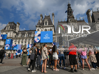 PARIS, FRANCE - JUNE 22: 
General view of Paris City Hall decorated with colorful boards featuring the Paris 2024 Olympics theme, on June 22...