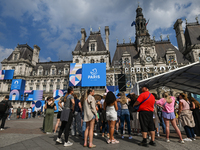 PARIS, FRANCE - JUNE 22: 
General view of Paris City Hall decorated with colorful boards featuring the Paris 2024 Olympics theme, on June 22...