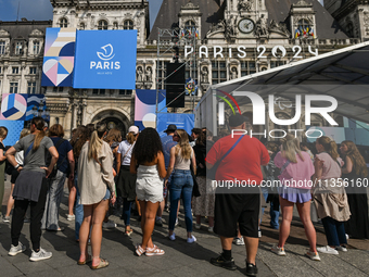 PARIS, FRANCE - JUNE 22: 
General view of Paris City Hall decorated with colorful boards featuring the Paris 2024 Olympics theme, on June 22...