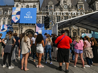 PARIS, FRANCE - JUNE 22: 
General view of Paris City Hall decorated with colorful boards featuring the Paris 2024 Olympics theme, on June 22...