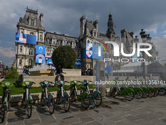 PARIS, FRANCE - JUNE 22: 
General view of Paris City Hall decorated with colorful boards featuring the Paris 2024 Olympics theme, on June 22...