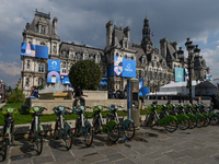 PARIS, FRANCE - JUNE 22: 
General view of Paris City Hall decorated with colorful boards featuring the Paris 2024 Olympics theme, on June 22...