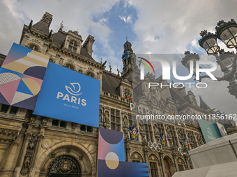 PARIS, FRANCE - JUNE 22: 
General view of Paris City Hall decorated with colorful boards featuring the Paris 2024 Olympics theme, on June 22...