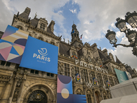 PARIS, FRANCE - JUNE 22: 
General view of Paris City Hall decorated with colorful boards featuring the Paris 2024 Olympics theme, on June 22...