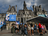 PARIS, FRANCE - JUNE 22: 
General view of Paris City Hall decorated with colorful boards featuring the Paris 2024 Olympics theme, on June 22...