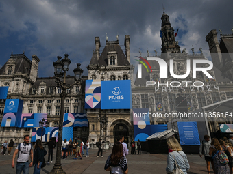 PARIS, FRANCE - JUNE 22: 
General view of Paris City Hall decorated with colorful boards featuring the Paris 2024 Olympics theme, on June 22...