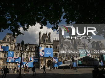 PARIS, FRANCE - JUNE 22: 
General view of Paris City Hall decorated with colorful boards featuring the Paris 2024 Olympics theme, on June 22...