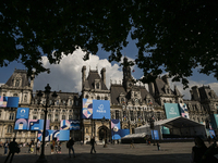 PARIS, FRANCE - JUNE 22: 
General view of Paris City Hall decorated with colorful boards featuring the Paris 2024 Olympics theme, on June 22...