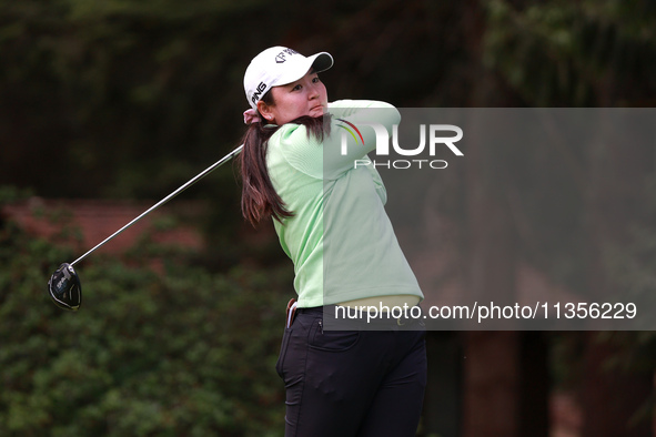 Allisen Corpuz of the United States tees off on the third hole during Day Four of the KPMG Women's PGA Championship at Sahalee Country Club...