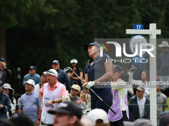 Lexi Thompson of the United States tees off on the 17th hole during Day Four of the KPMG Women's PGA Championship at Sahalee Country Club in...