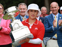 Amy Yang of Republic of Korea holds up the trophy after winning the KPMG Women's PGA Championship at Sahalee Country Club in Sammamish, Wash...