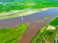 A view is overlooking the Yinchuan section of the Yellow River in Yinchuan, capital of Northwest China's Ningxia Hui autonomous region, in W...