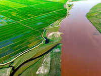 A view is overlooking the Yinchuan section of the Yellow River in Yinchuan, capital of Northwest China's Ningxia Hui autonomous region, in W...