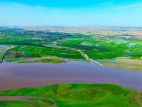 A view is overlooking the Yinchuan section of the Yellow River in Yinchuan, capital of Northwest China's Ningxia Hui autonomous region, in W...