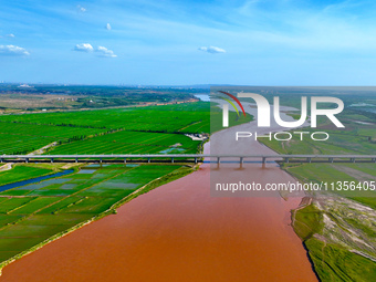 A view is overlooking the Yinchuan section of the Yellow River in Yinchuan, capital of Northwest China's Ningxia Hui autonomous region, in W...