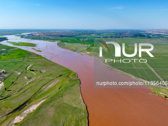 A view is overlooking the Yinchuan section of the Yellow River in Yinchuan, capital of Northwest China's Ningxia Hui autonomous region, in W...