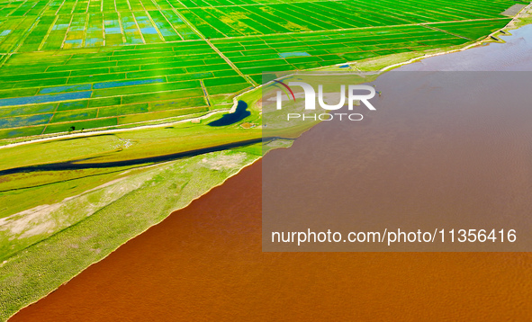 A view is overlooking the Yinchuan section of the Yellow River in Yinchuan, capital of Northwest China's Ningxia Hui autonomous region, in W...