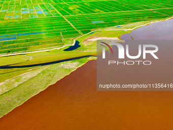 A view is overlooking the Yinchuan section of the Yellow River in Yinchuan, capital of Northwest China's Ningxia Hui autonomous region, in W...