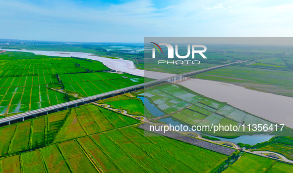 A view is overlooking the Yinchuan section of the Yellow River in Yinchuan, capital of Northwest China's Ningxia Hui autonomous region, in W...