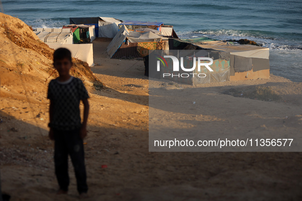 A general view is showing tents housing internally displaced Palestinians crowding the beach and the Mediterranean shoreline in Deir el-Bala...