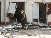 A rescuer is removing the rubble at the Ivano-Frankivsk National Technical University of Oil and Gas, damaged by a Russian missile attack, i...