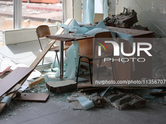 The rubble is covering a table and chairs at the Ivano-Frankivsk National Technical University of Oil and Gas, damaged by a Russian missile...