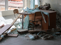 The rubble is covering a table and chairs at the Ivano-Frankivsk National Technical University of Oil and Gas, damaged by a Russian missile...