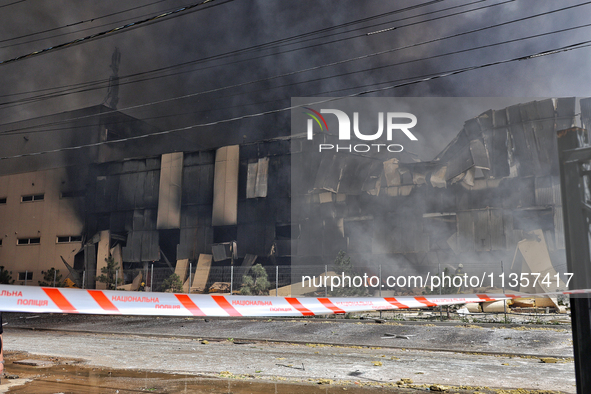 Smoke is rising from a warehouse destroyed as a result of a Russian missile strike in Odesa, Ukraine, on June 24, 2024. NO USE RUSSIA. NO US...