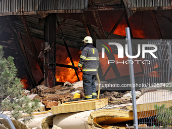 A firefighter is working to suppress a fire at a warehouse caused by a Russian missile strike in Odesa, Ukraine, on June 24, 2024. NO USE RU...