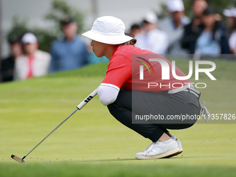 Amy Yang of Republic of Korea lines up her putt on the 3rd  green during the final round of the KPMG Women's PGA Championship at Sahalee Cou...